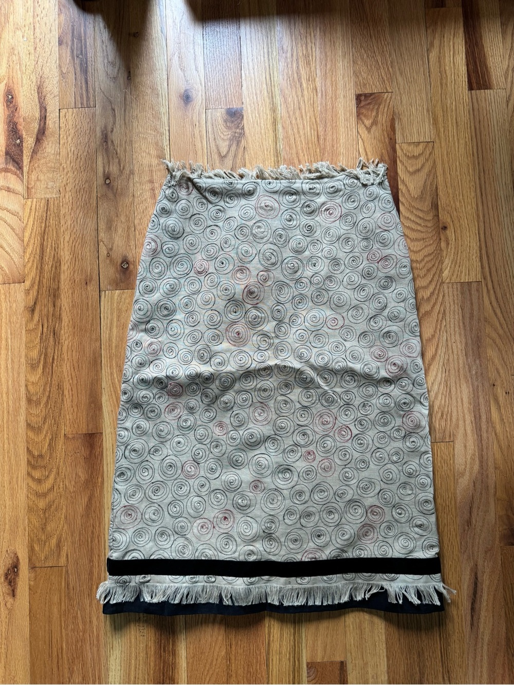 Fringed Spiral-Print Beige Pencil Skirt